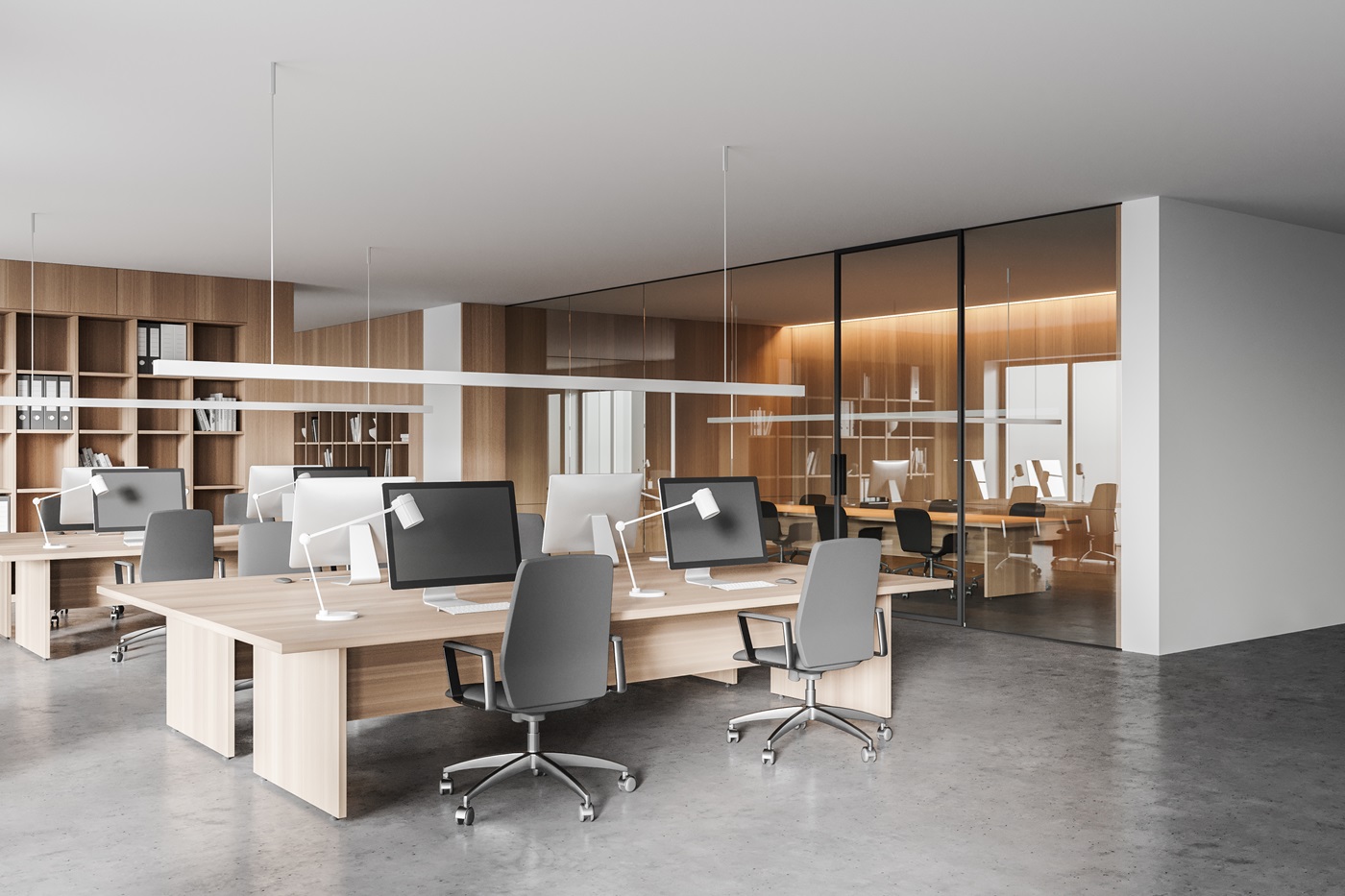 Corner,Of,Modern,Open,Space,Office,With,White,And,Wooden